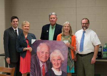 From left to right: Dr. James Gerald, physics professor; Julie Mosow, Wiley daughter; President LaForge, Delta State University; Jean Lynch, Wiley daughter; Dr. Adam Johanson, Planetarium Director